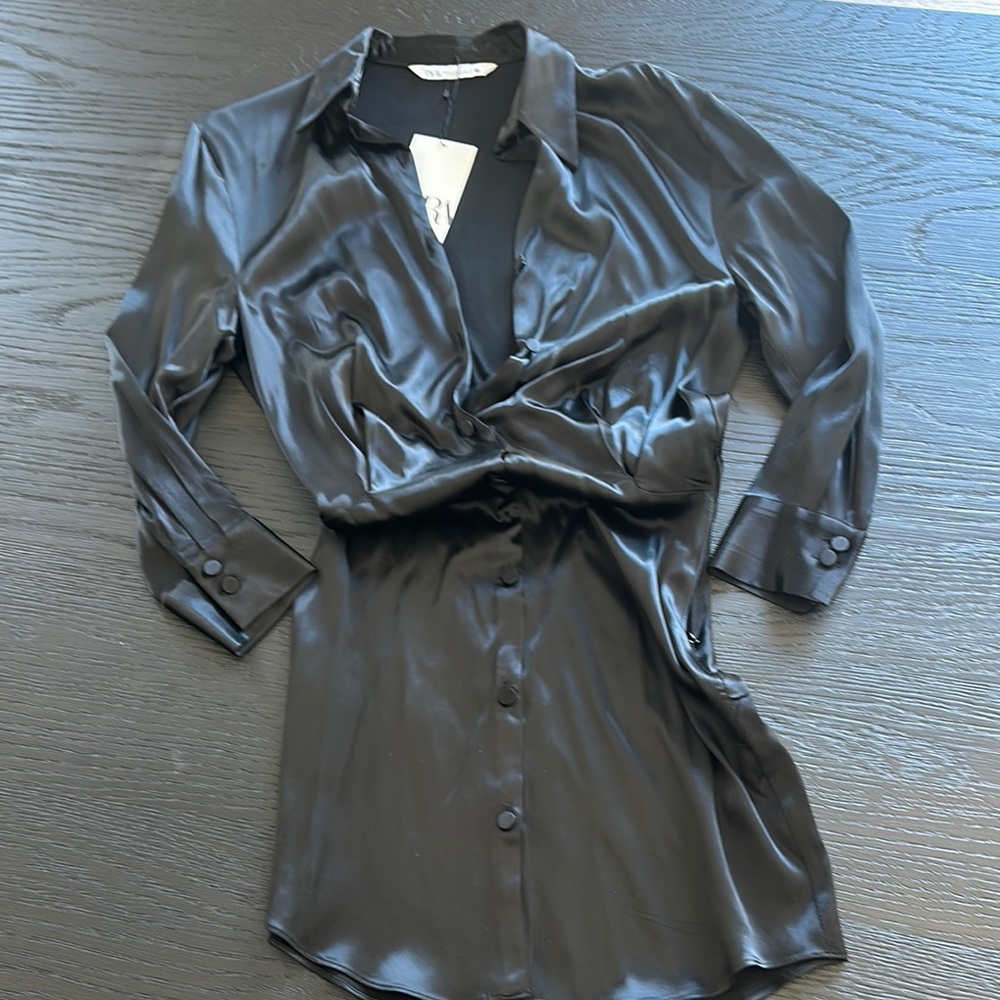Zara Black Satin Shirt Dress